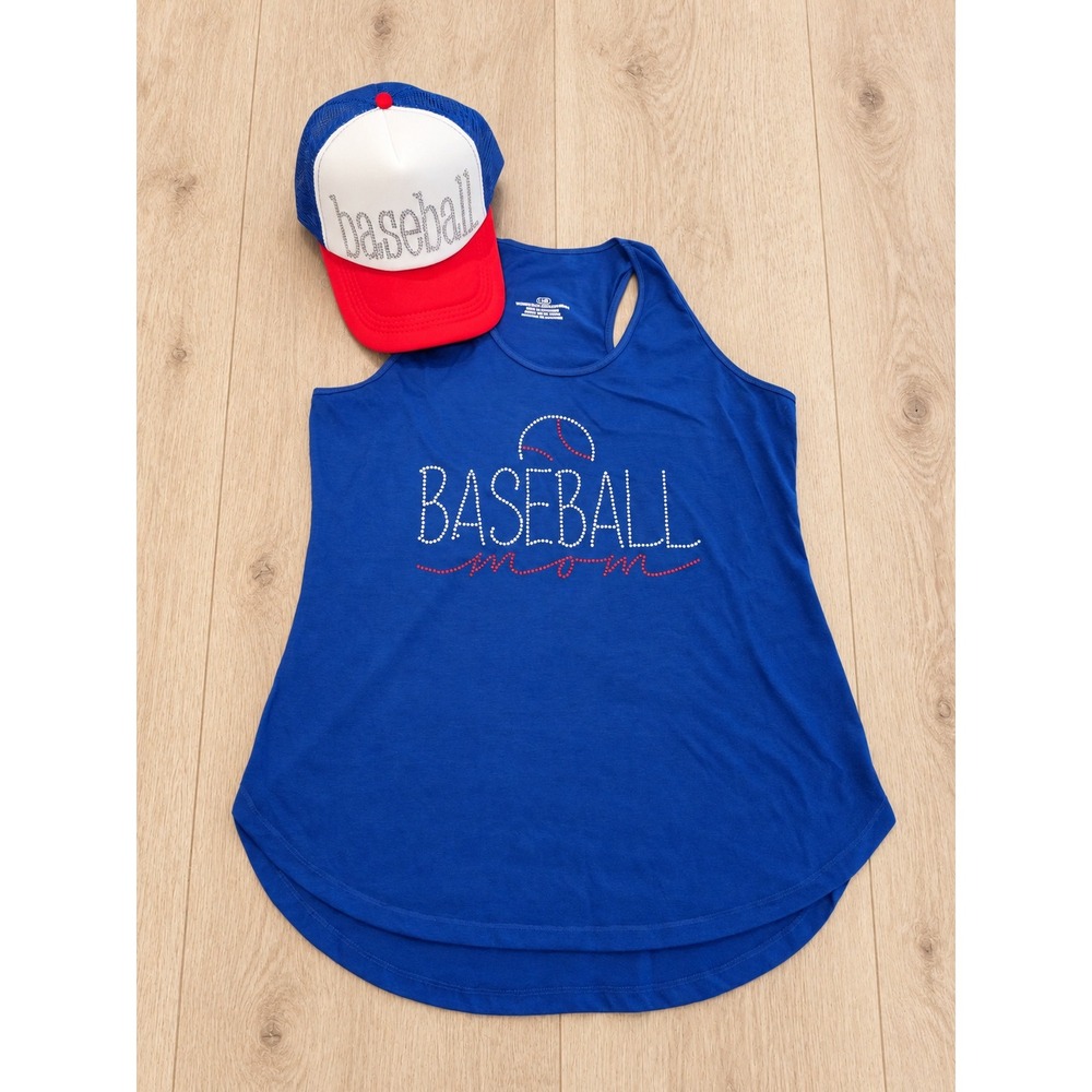 Baseball Mom Rhinestone Tank Top and Trucker Hat Set Royal Blue Red White L